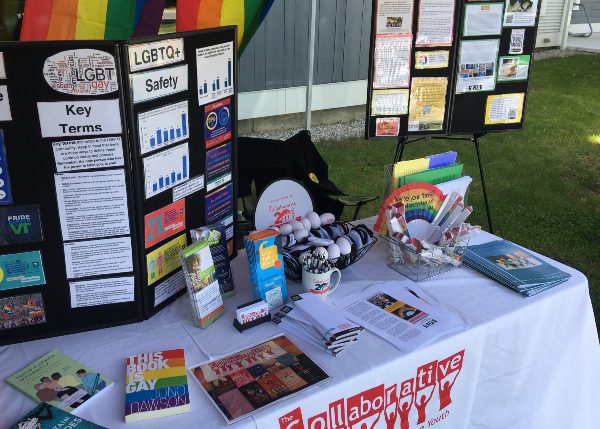 Info display board set up on a table at a community event